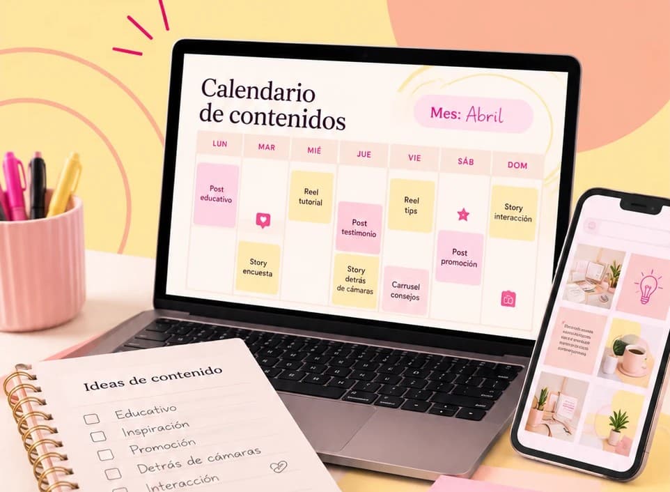 Computadora con un calendario de contenidos semanal, un cuaderno de ideas y un celular con un feed en tonos rosa y amarillo