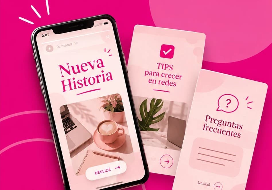 Celular y tarjetas con diseños de historias de Instagram en tonos rosa: Nueva historia, Tips y Preguntas frecuentes