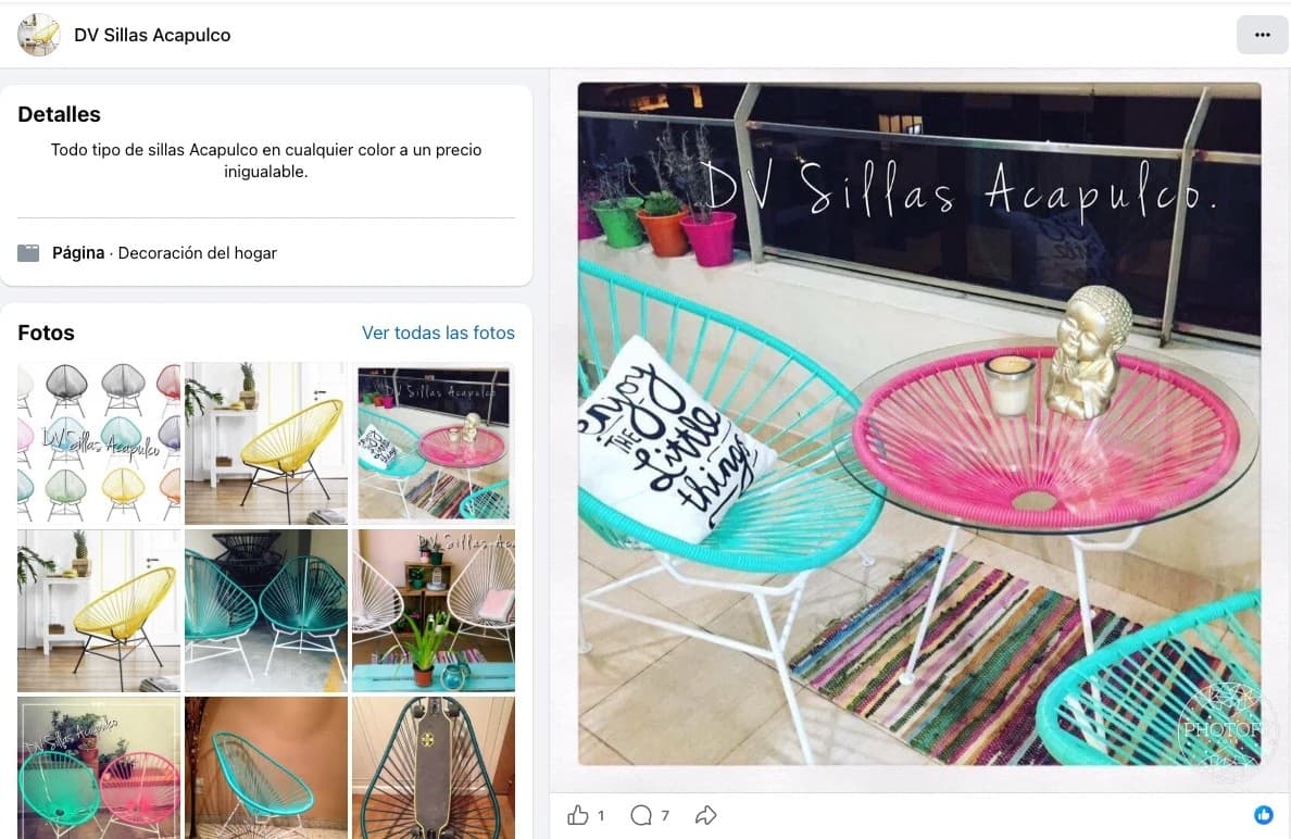 Captura histórica de la página de Facebook «DV Sillas Acapulco», con fotos de sillas Acapulco de colores