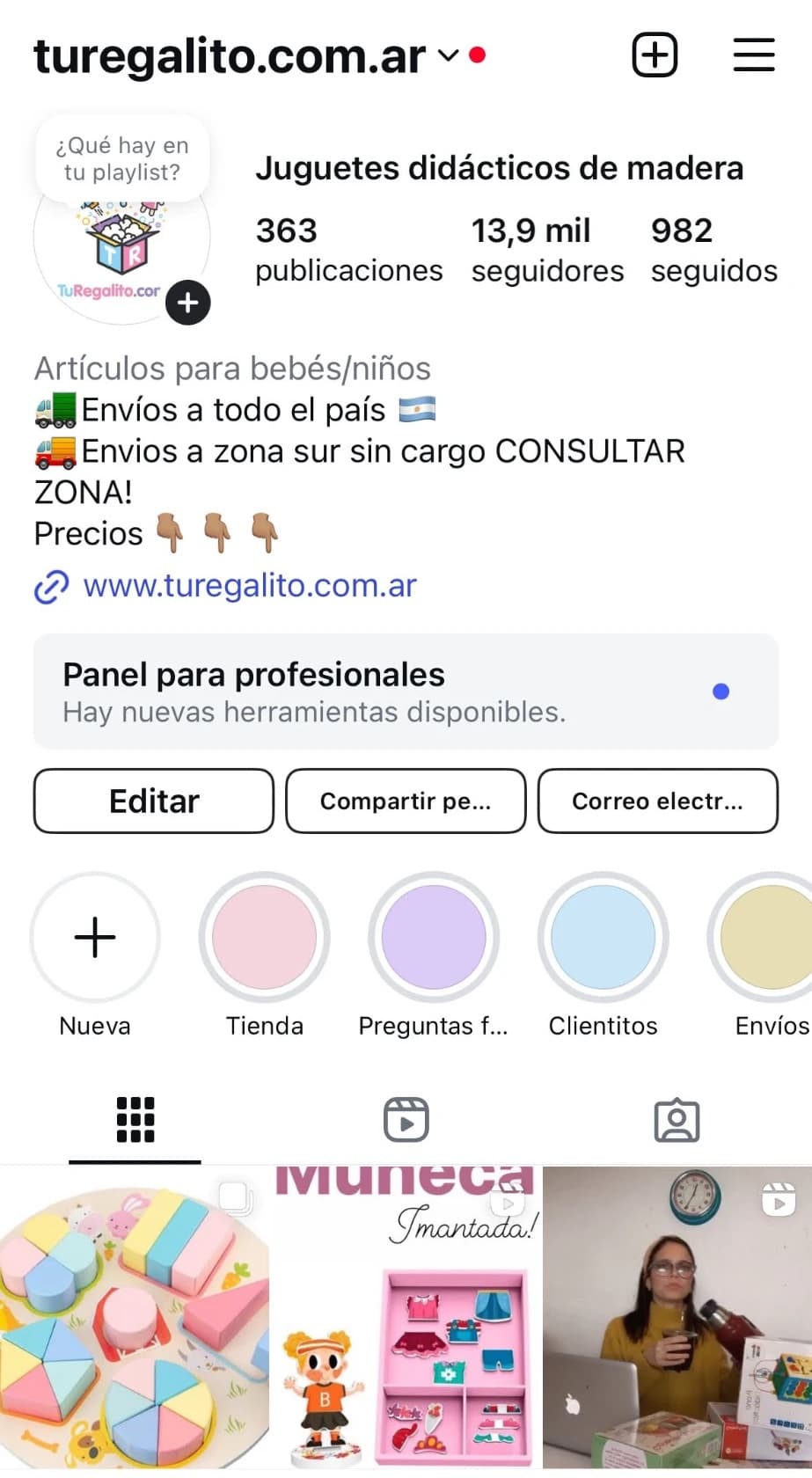 Captura histórica del perfil de Instagram @turegalito.com.ar, «Juguetes didácticos de madera»